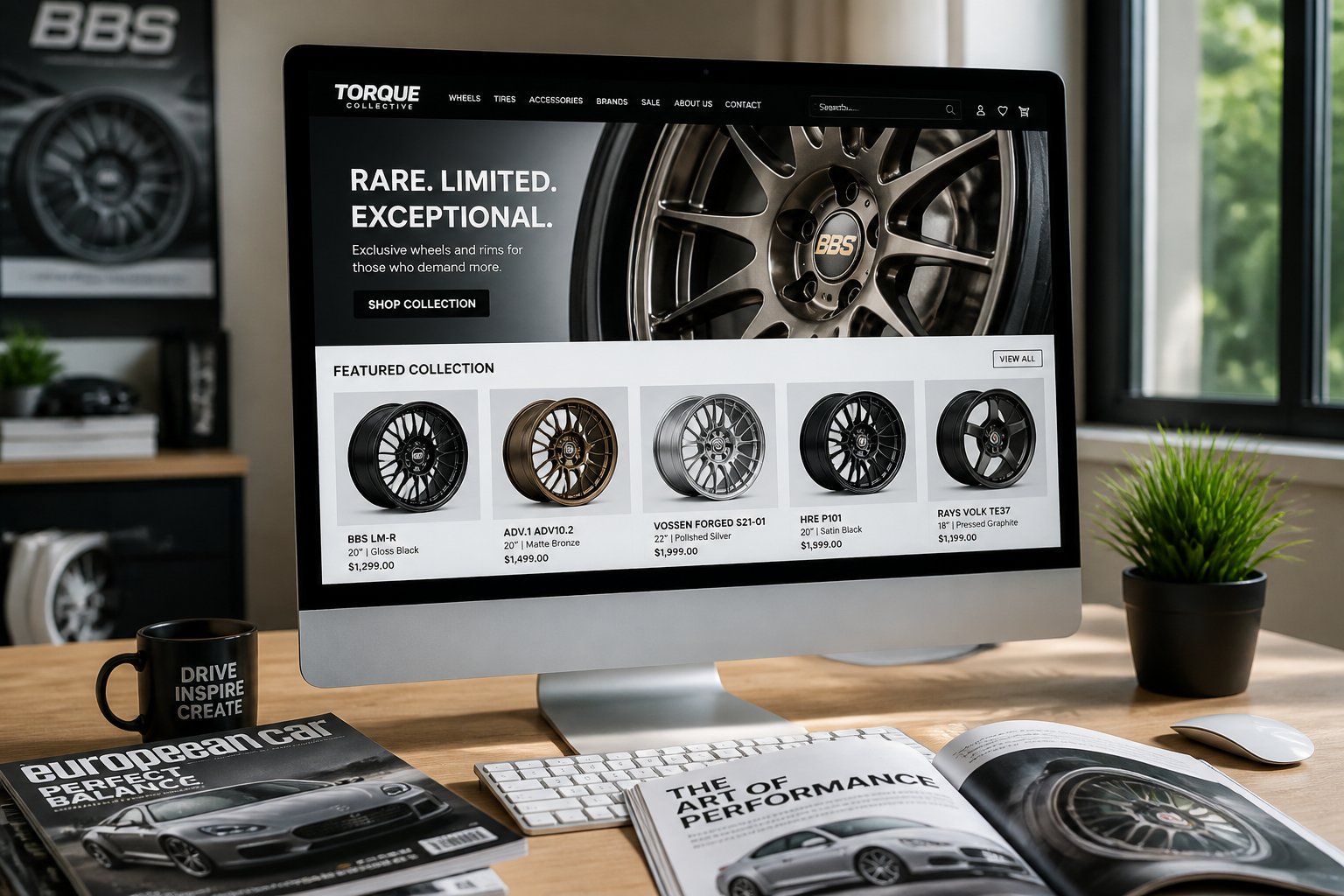 A computer screen displaying a selection of rare and limited-edition car wheels and rims in a modern workspace.