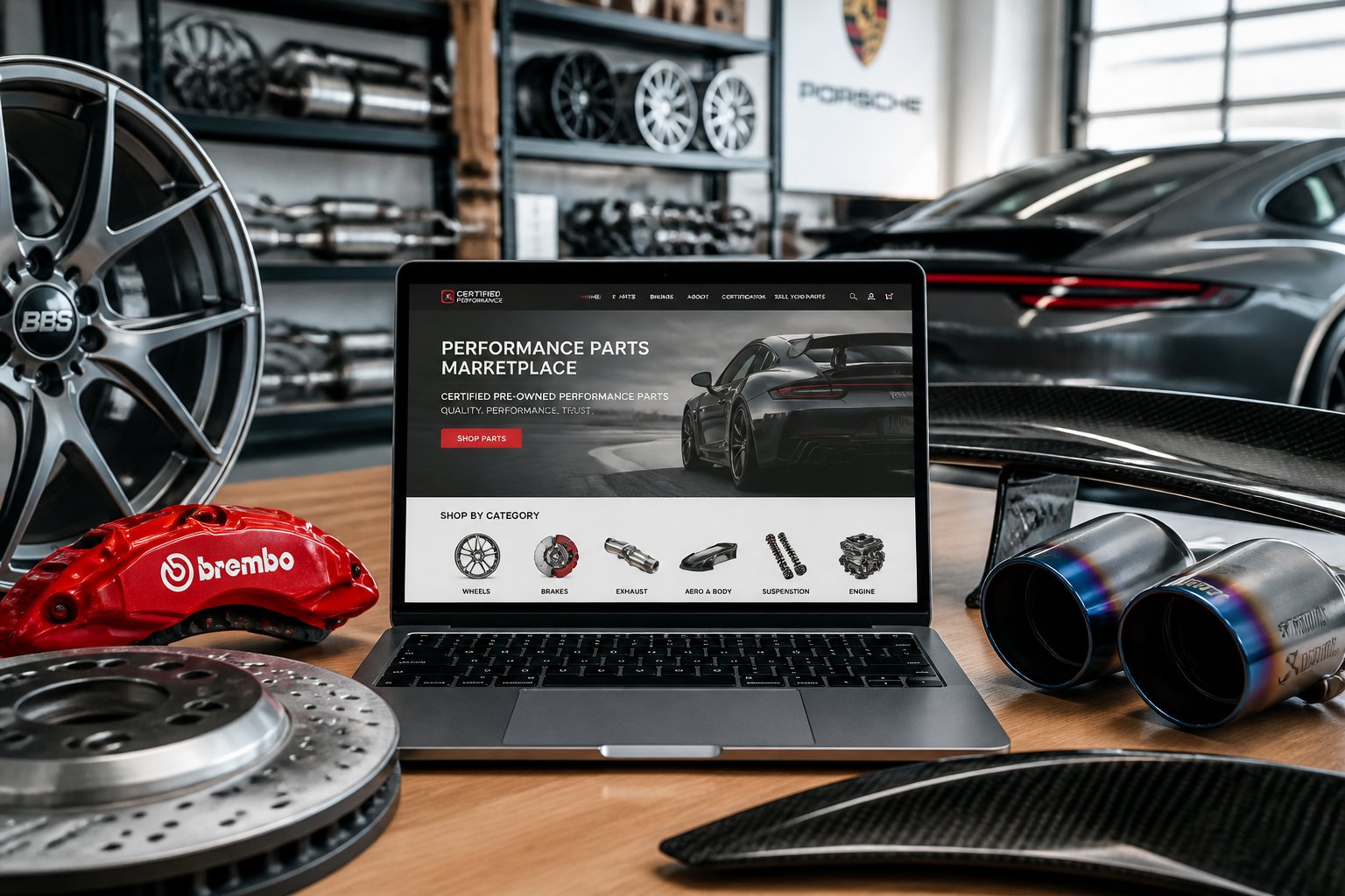 A workspace with a laptop showing an online marketplace for certified pre-owned performance car parts surrounded by various high-end automotive components.