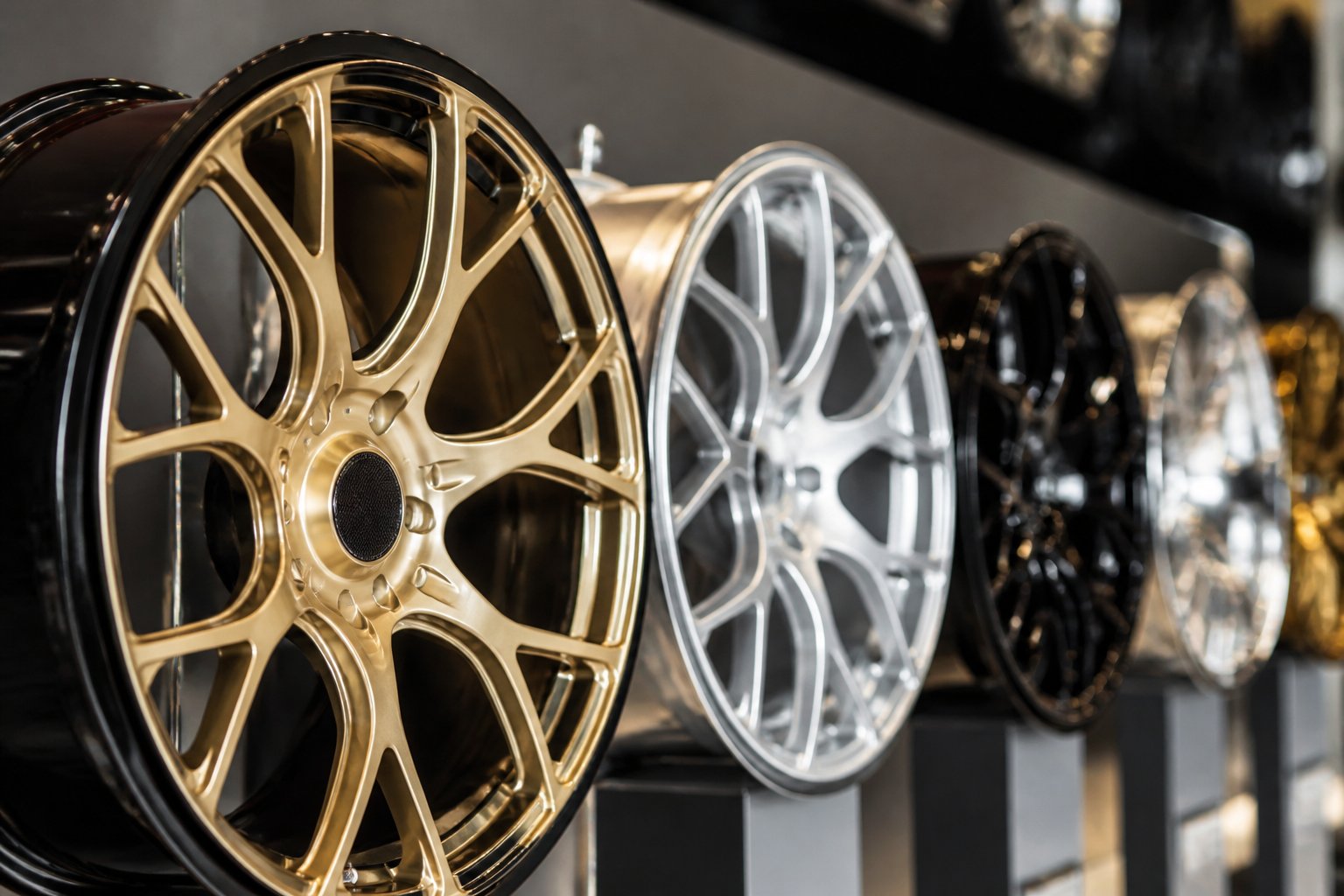 Close-up of rare and exclusive car wheels and rims displayed on stands in a showroom.