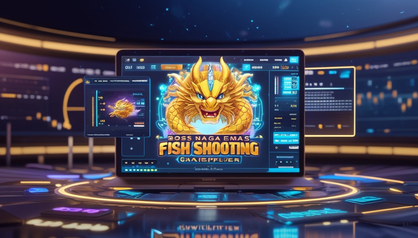 Layar perangkat menampilkan permainan ikan dengan karakter naga emas dan indikator multiplier dalam suasana gaming online.