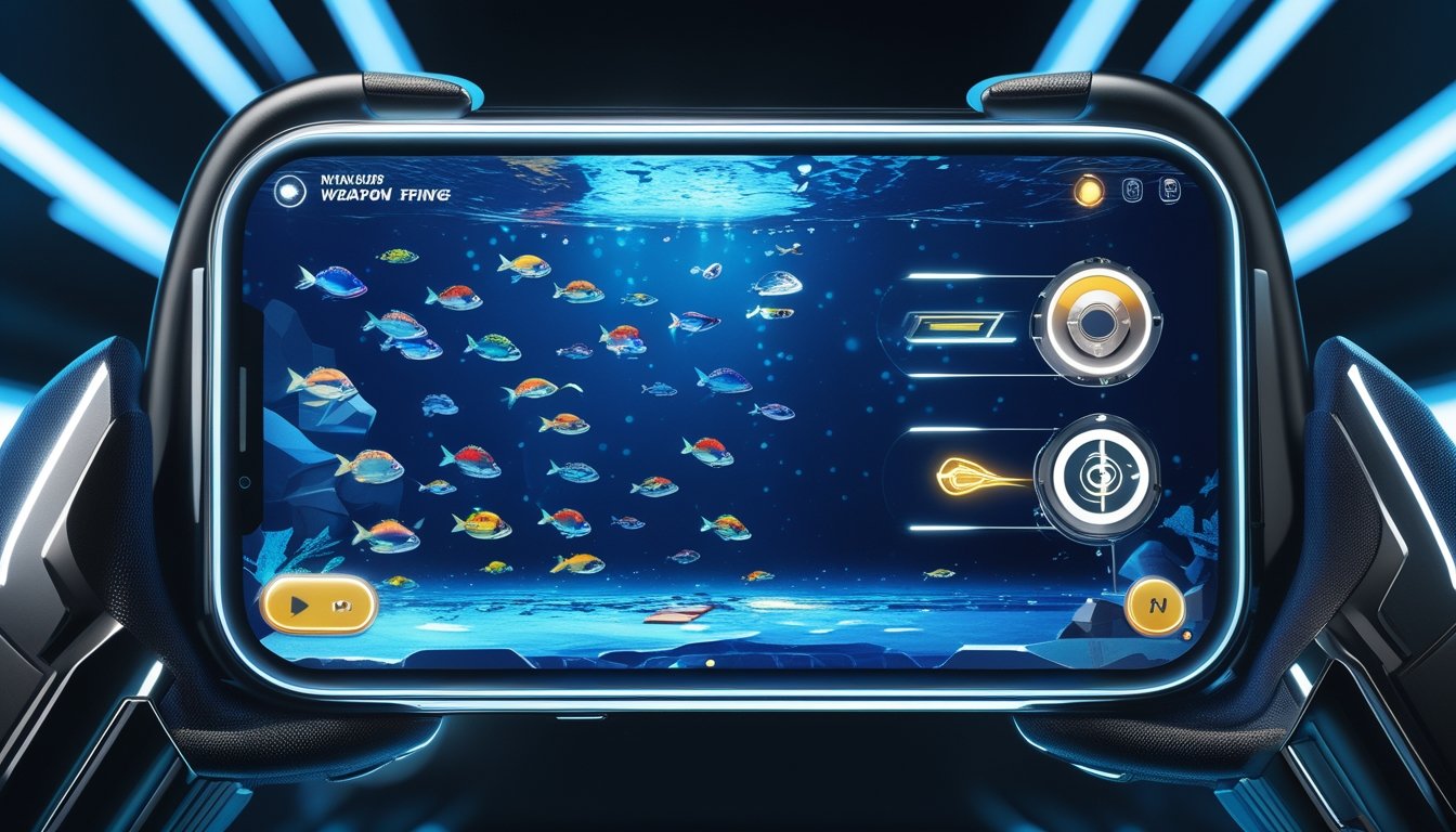 Antarmuka permainan digital dengan ikan warna-warni dan ikon senjata nuklir otomatis di layar sentuh.
