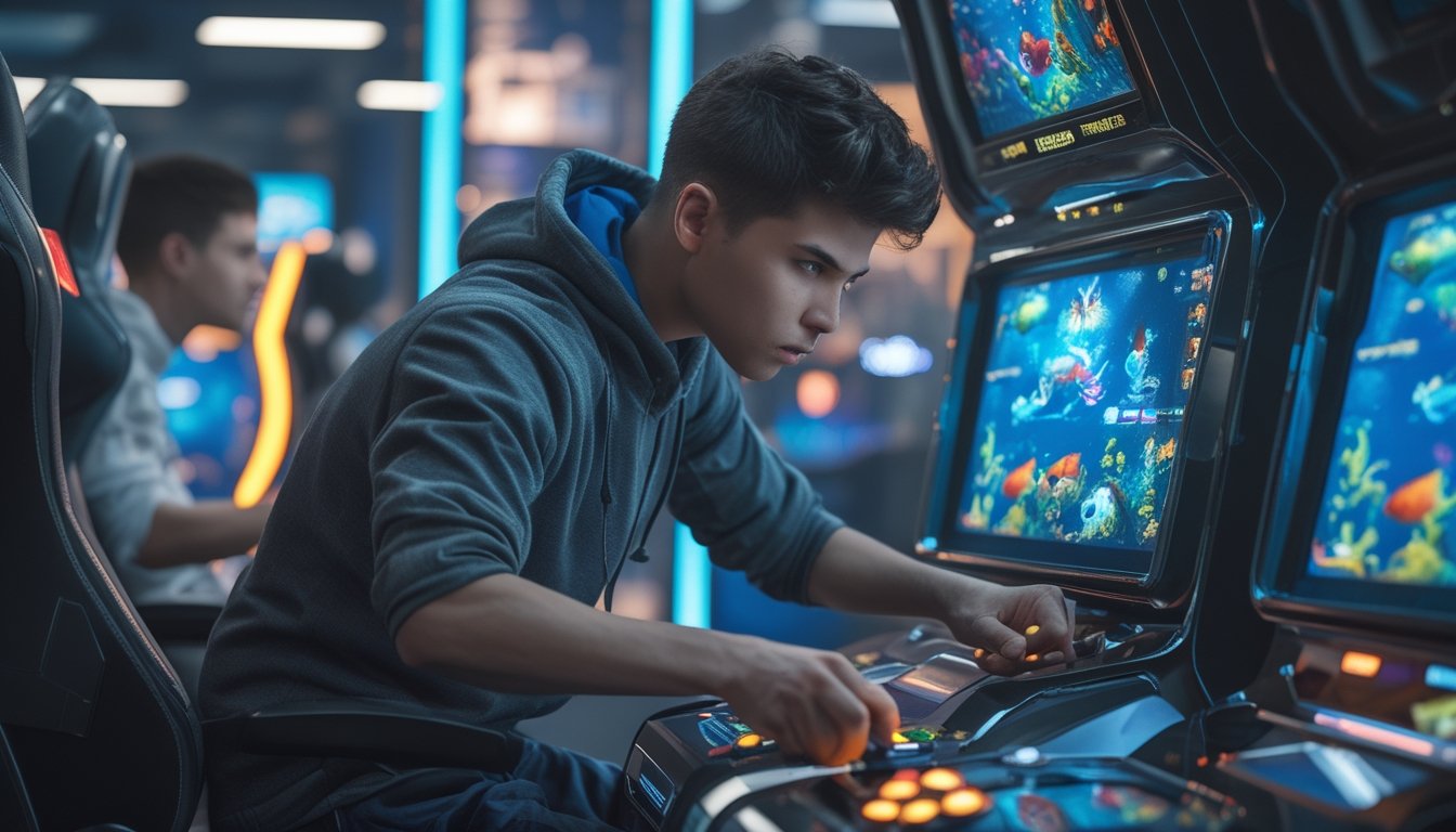 Seorang pria muda sedang bermain game menembak monster laut dalam di mesin arcade dengan ekspresi fokus dan latar belakang suasana arcade yang ramai.