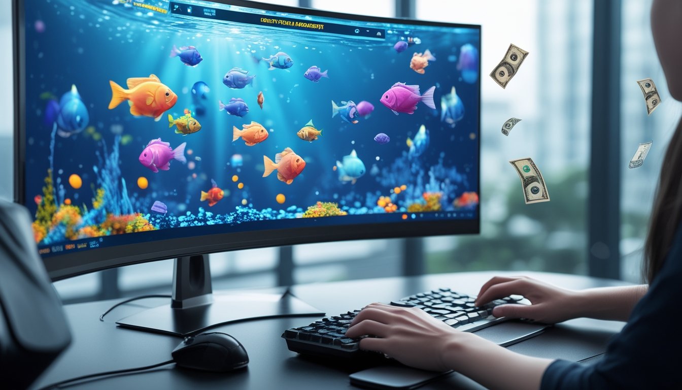 Seseorang sedang bermain game tembak ikan di komputer dengan tampilan ikan berwarna-warni dan simbol uang di layar.