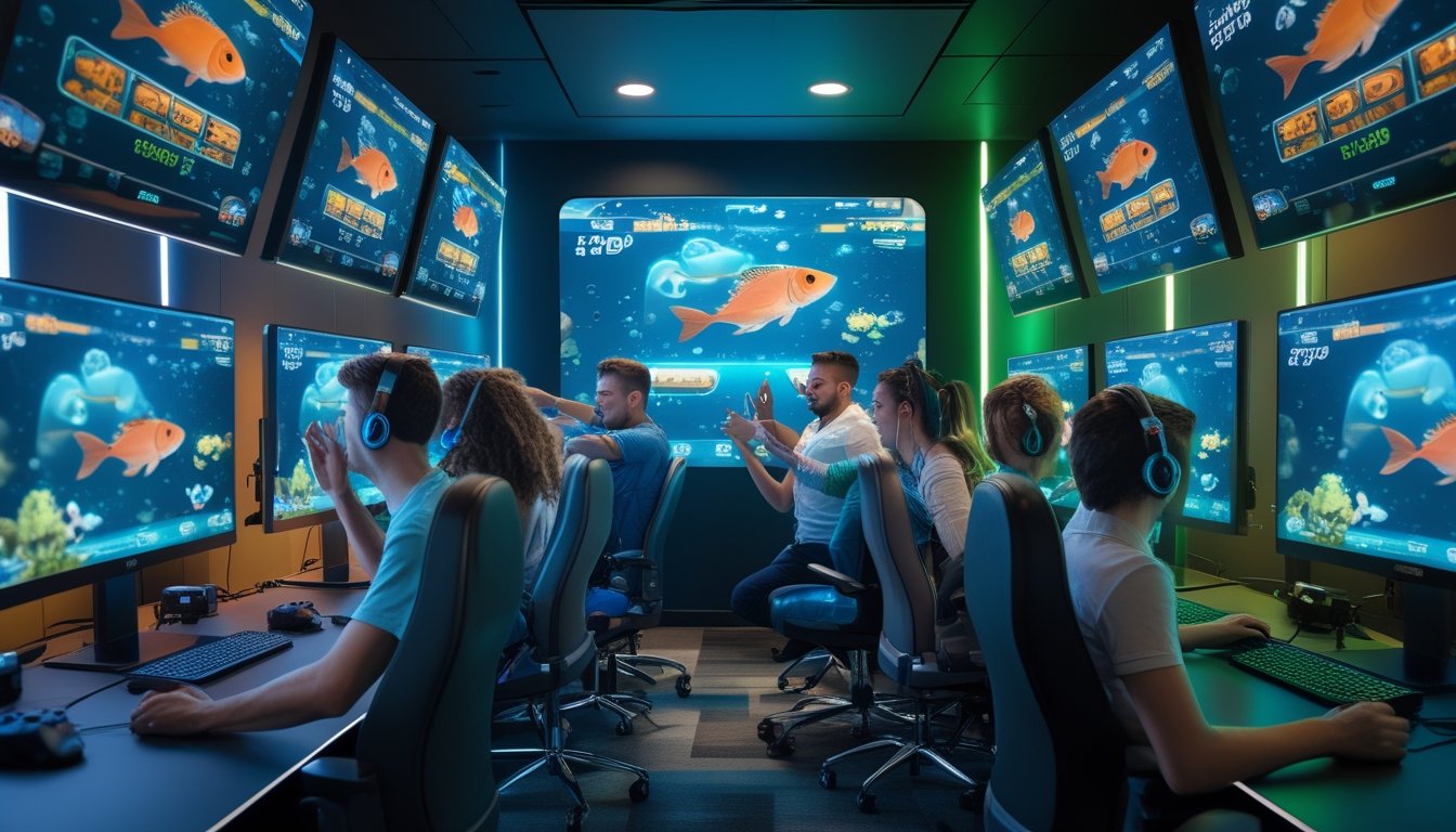 Sekelompok orang muda bermain game tembak ikan di ruang gaming modern dengan layar komputer besar menampilkan permainan bertema bawah laut.