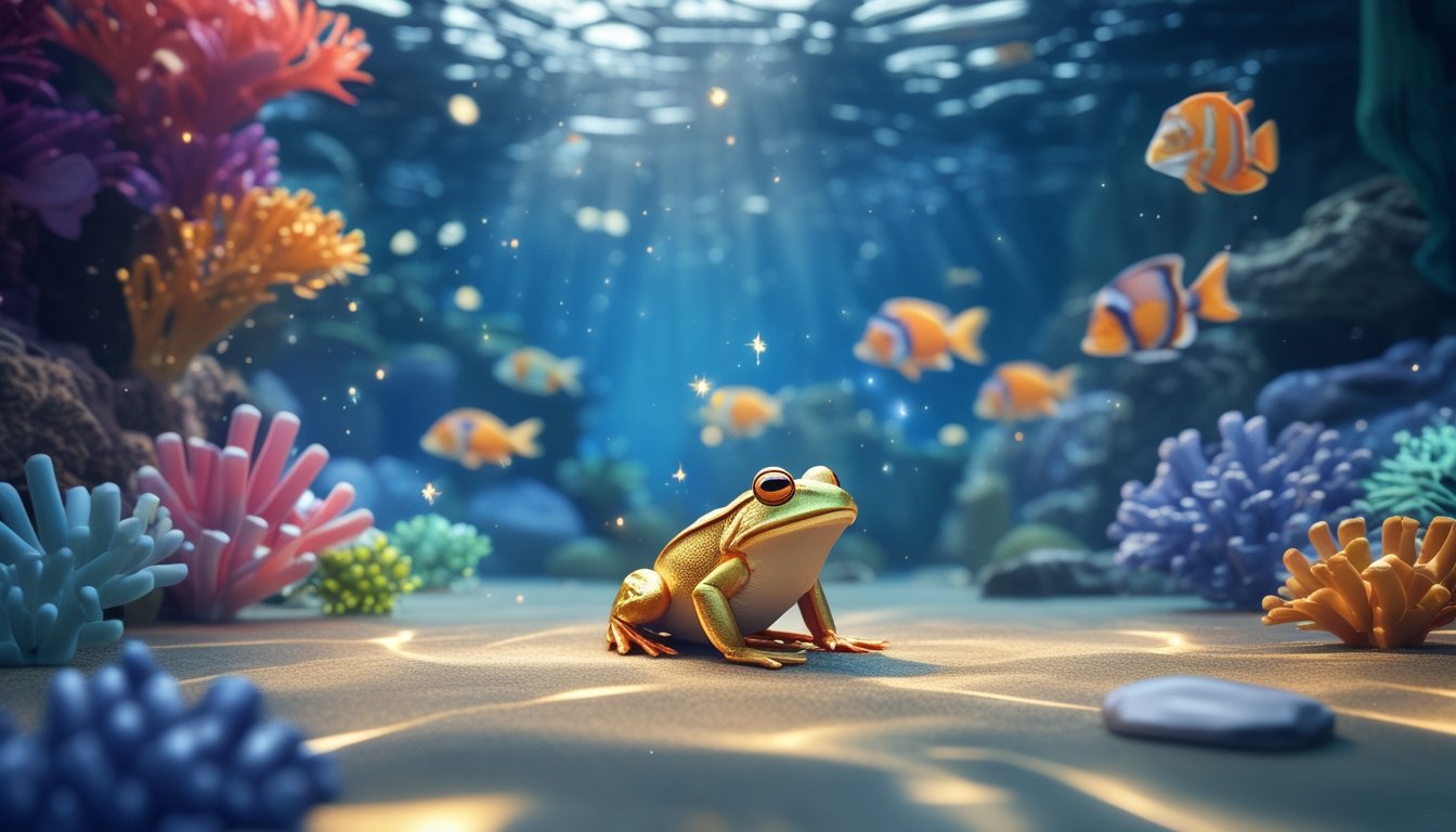 Seekor katak emas di antara terumbu karang berwarna-warni dan ikan tropis di bawah laut.