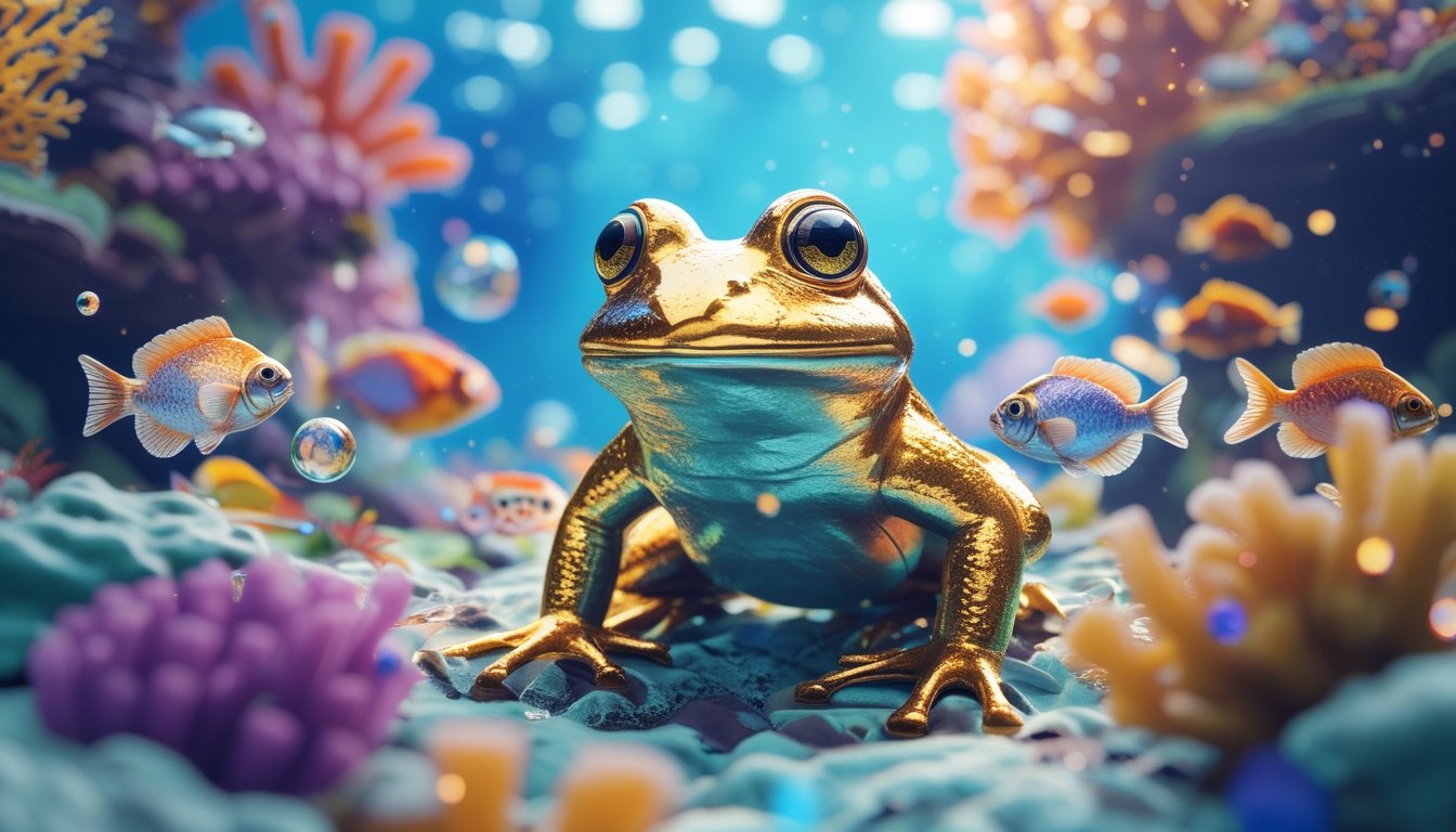 Seekor katak emas muncul di antara terumbu karang dan ikan berwarna-warni di dalam permainan tembak ikan.