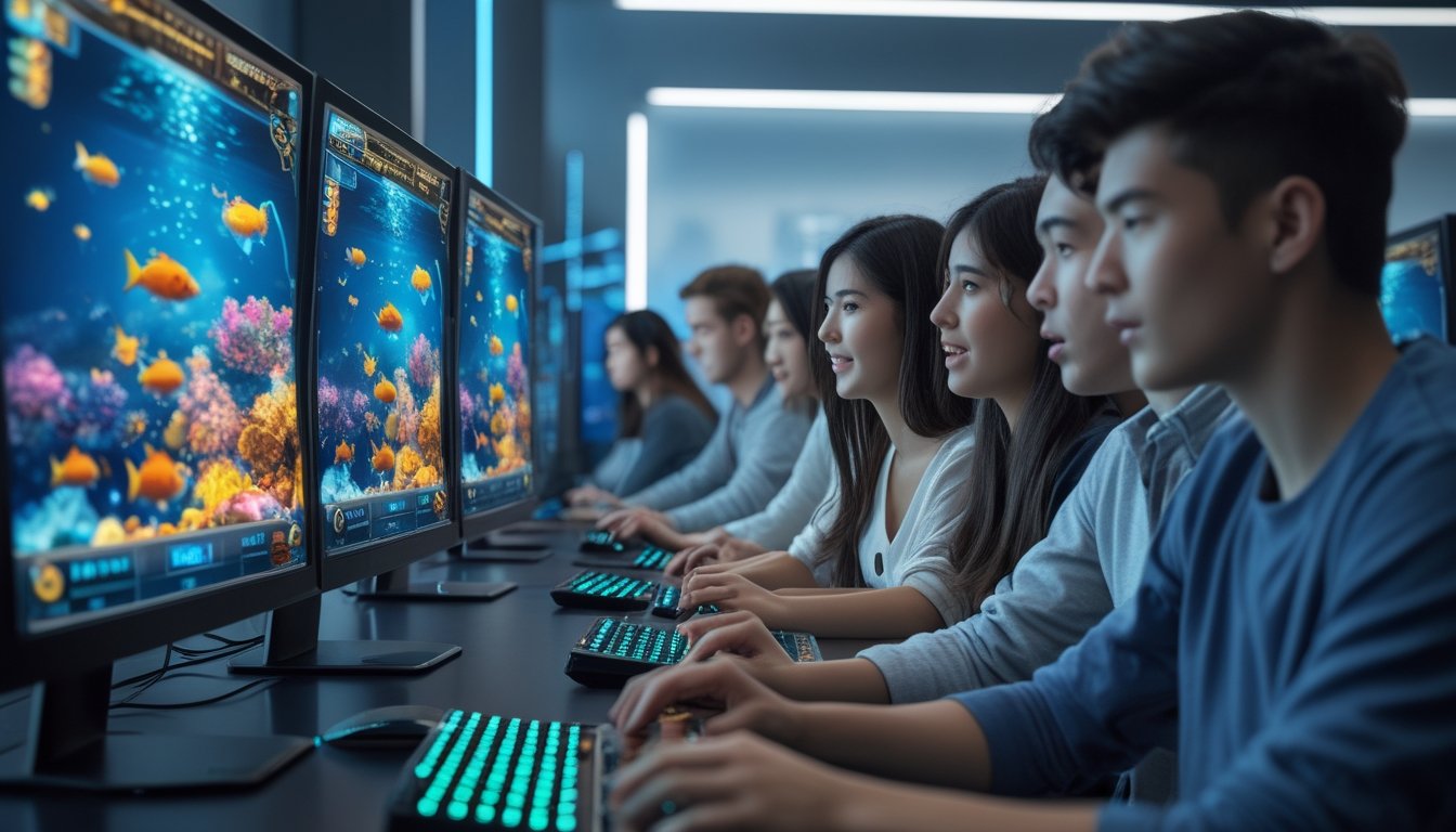 Beberapa orang muda sedang bermain game tembak ikan di komputer dengan layar penuh warna ikan dan antarmuka permainan.