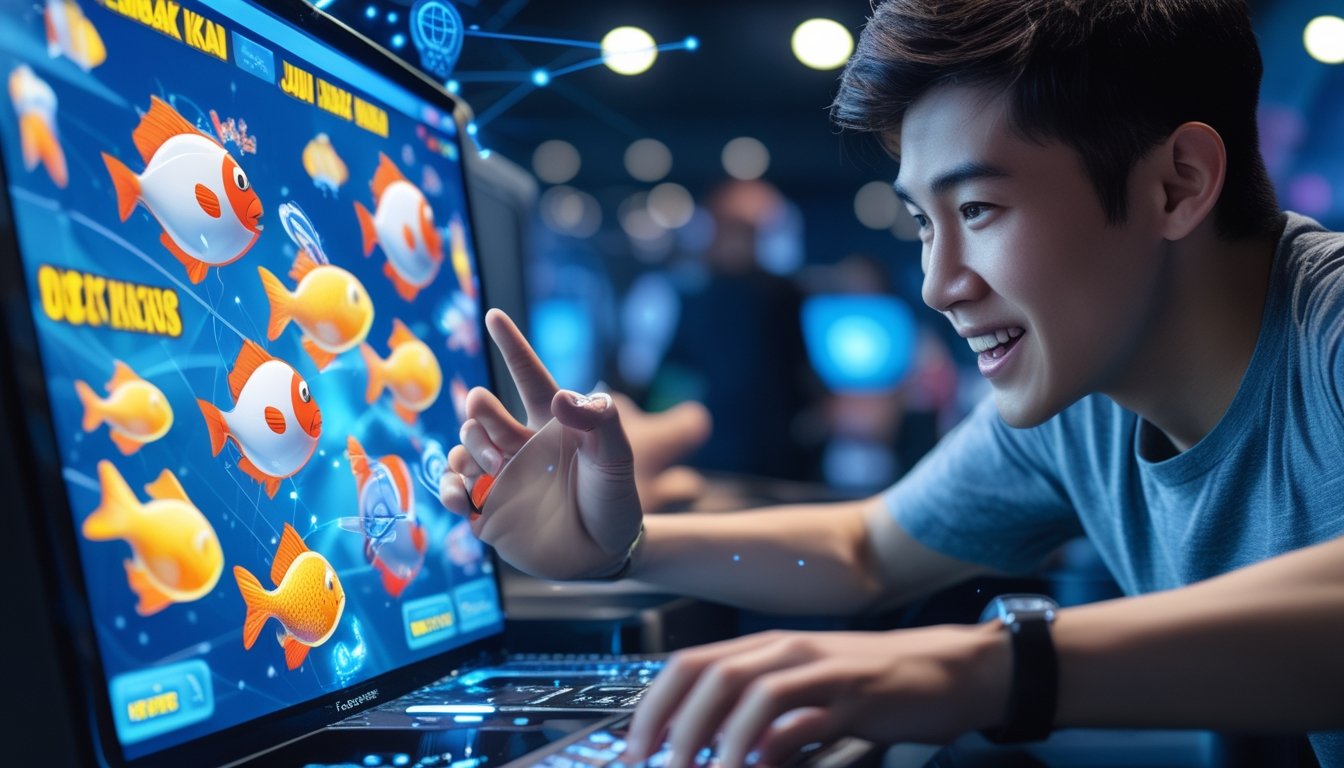 Seorang pemain muda fokus bermain permainan tembak ikan di layar digital dengan latar belakang elemen jaringan internasional.
