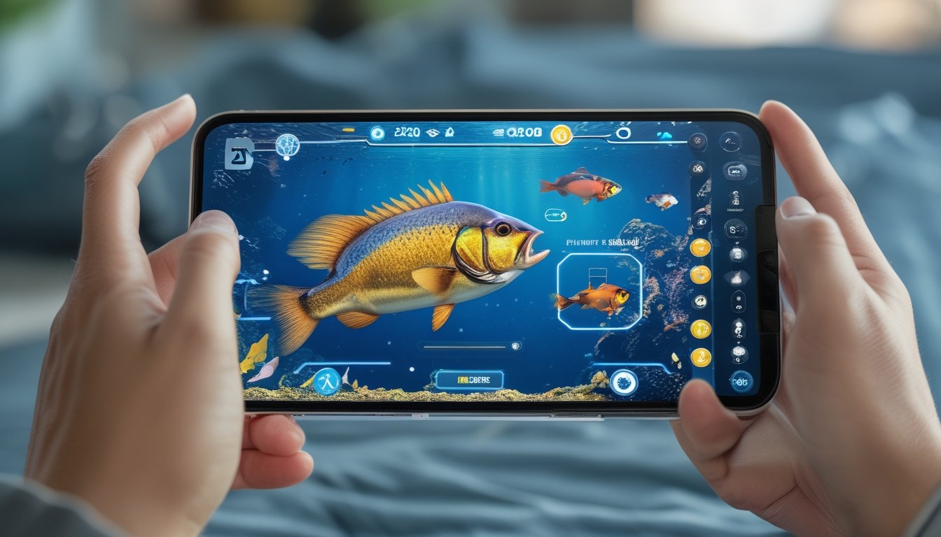 Seseorang sedang bermain game memancing ikan besar di perangkat smartphone dengan fitur kunci target terlihat di layar.
