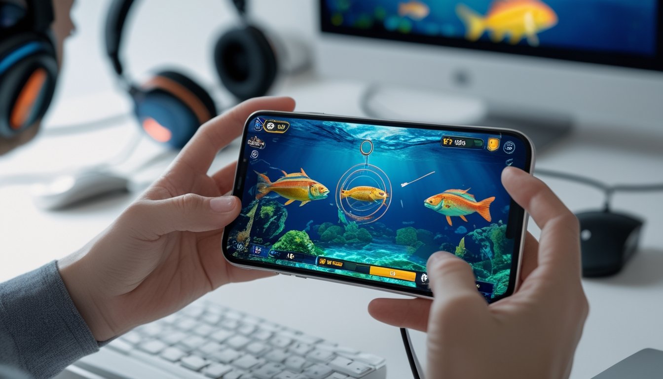 Seseorang menggunakan ponsel dengan permainan menembak ikan di layar, menampilkan fitur kunci target pada ikan besar.