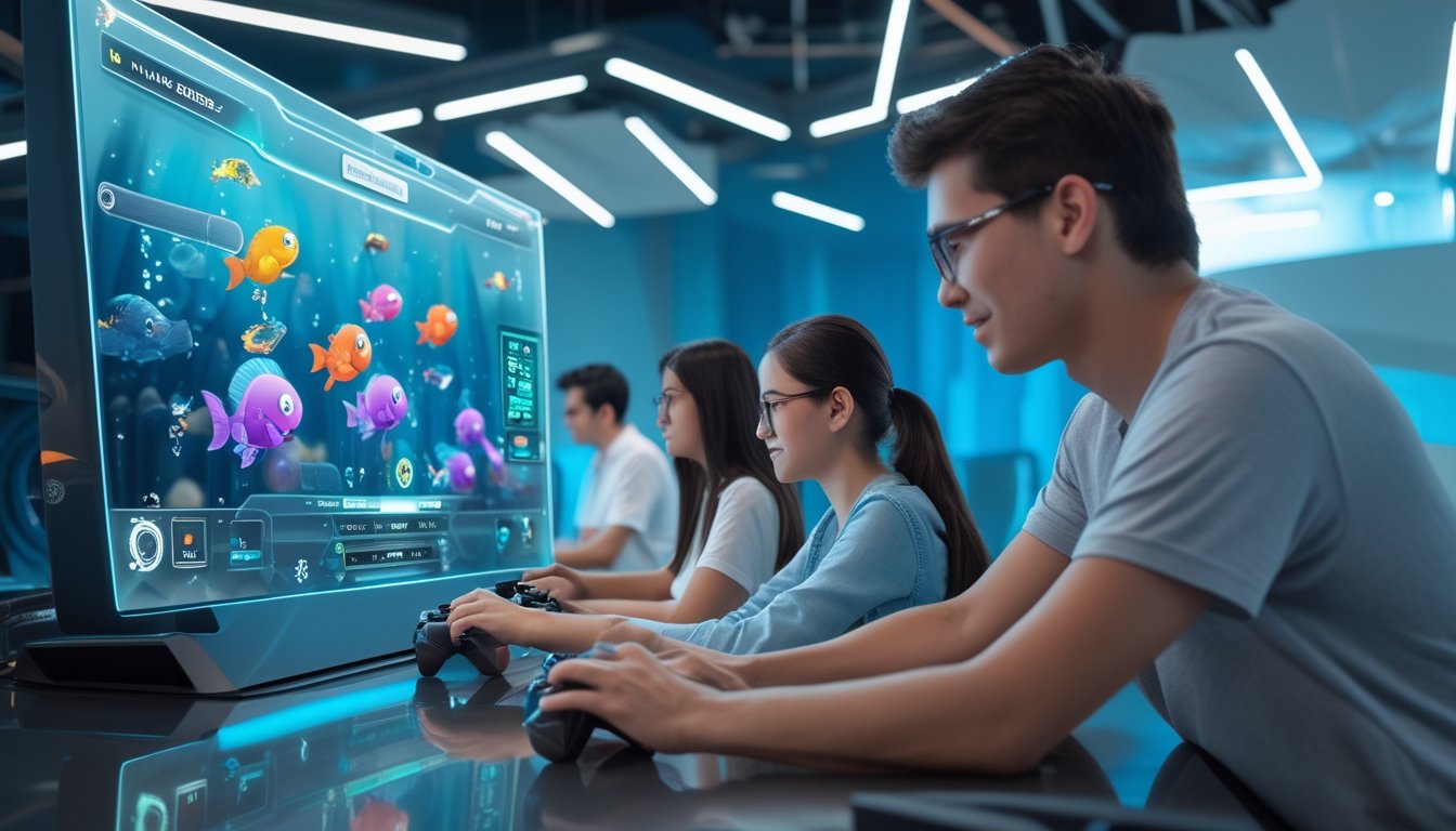 Beberapa orang muda sedang bermain game tembak ikan secara online dengan antarmuka layar sentuh yang menampilkan berbagai senjata dan ikan berwarna-warni.