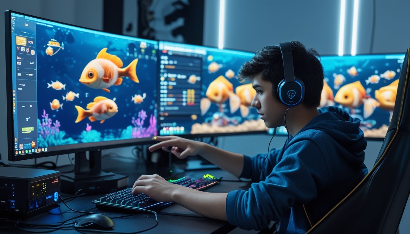 Seorang gamer muda sedang memperbaiki pengaturan jaringan di komputer dengan layar menampilkan permainan tembak ikan, di dalam ruangan gaming yang rapi dan berteknologi tinggi.