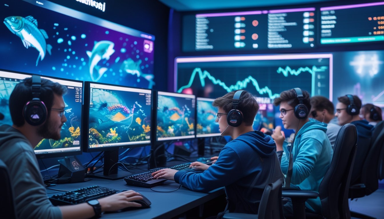 Sekelompok orang muda bermain game judi tembak ikan multiplayer di ruangan dengan monitor dan peralatan gaming, fokus pada layar dan suasana kompetitif.
