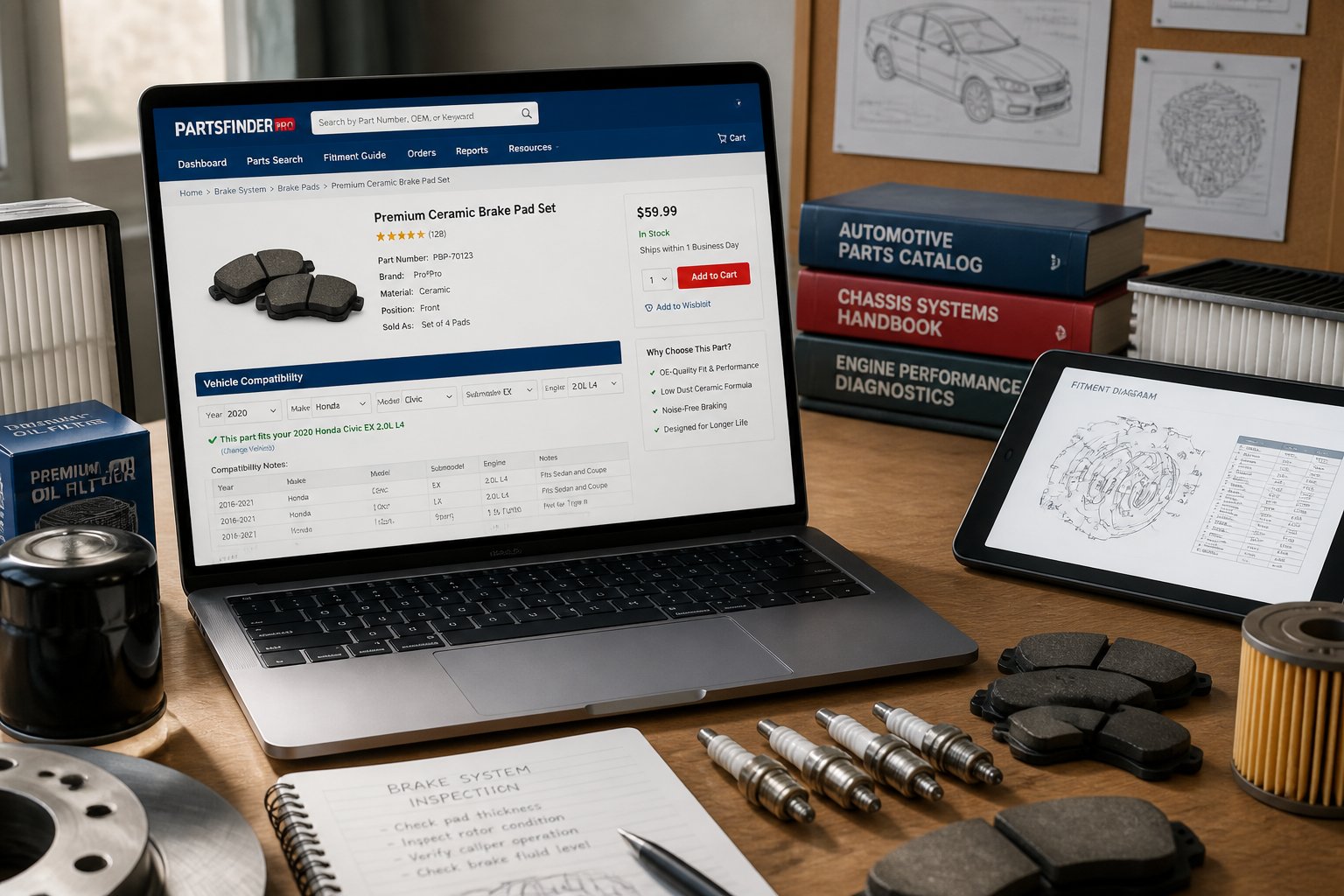 A workspace with a laptop and car parts on a desk, showing detailed product information and compatibility charts for automotive components.