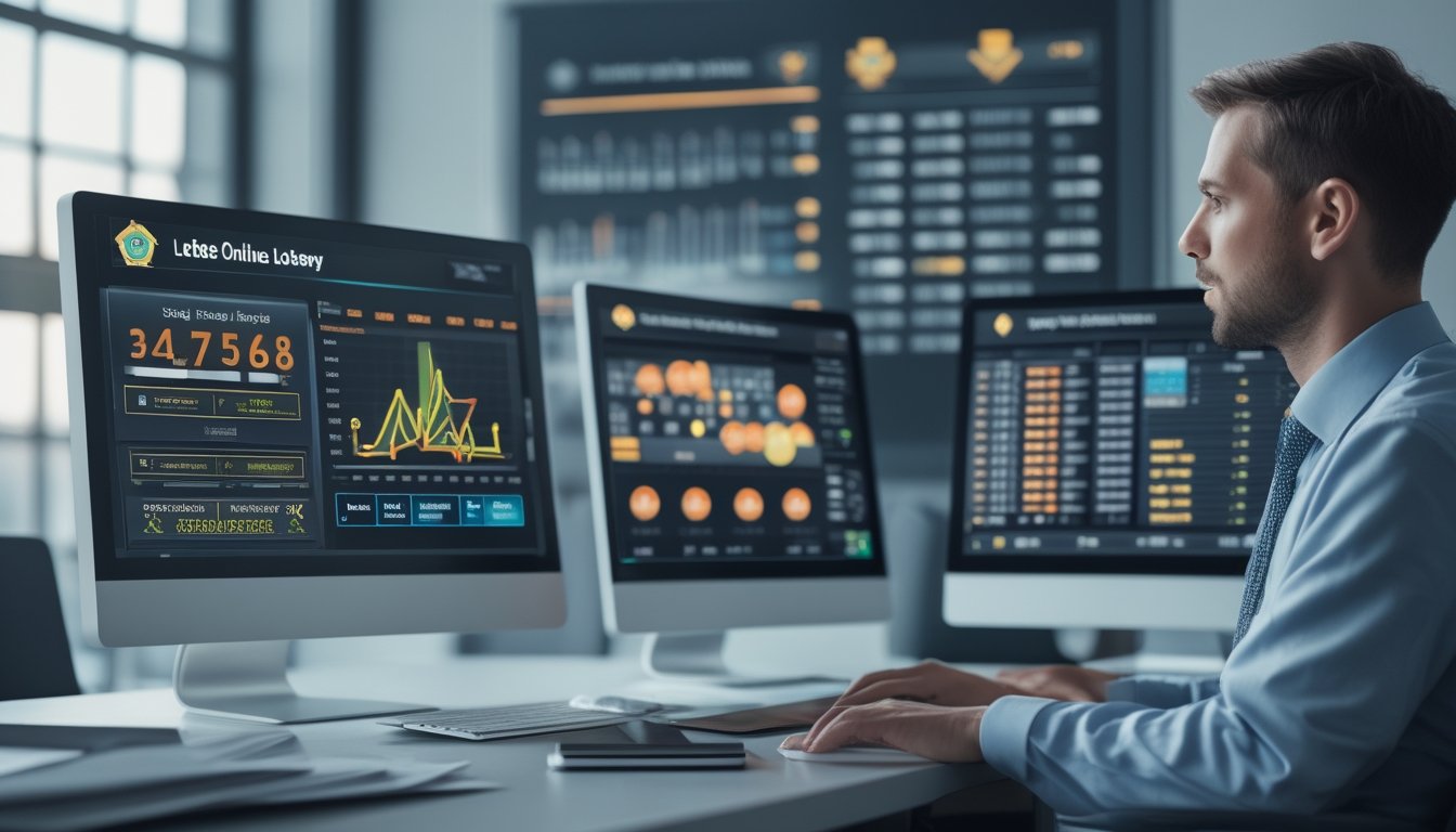 Seorang profesional sedang bekerja di kantor dengan beberapa layar komputer yang menampilkan data dan grafik terkait togel, menunjukkan suasana kerja yang serius dan terpercaya.