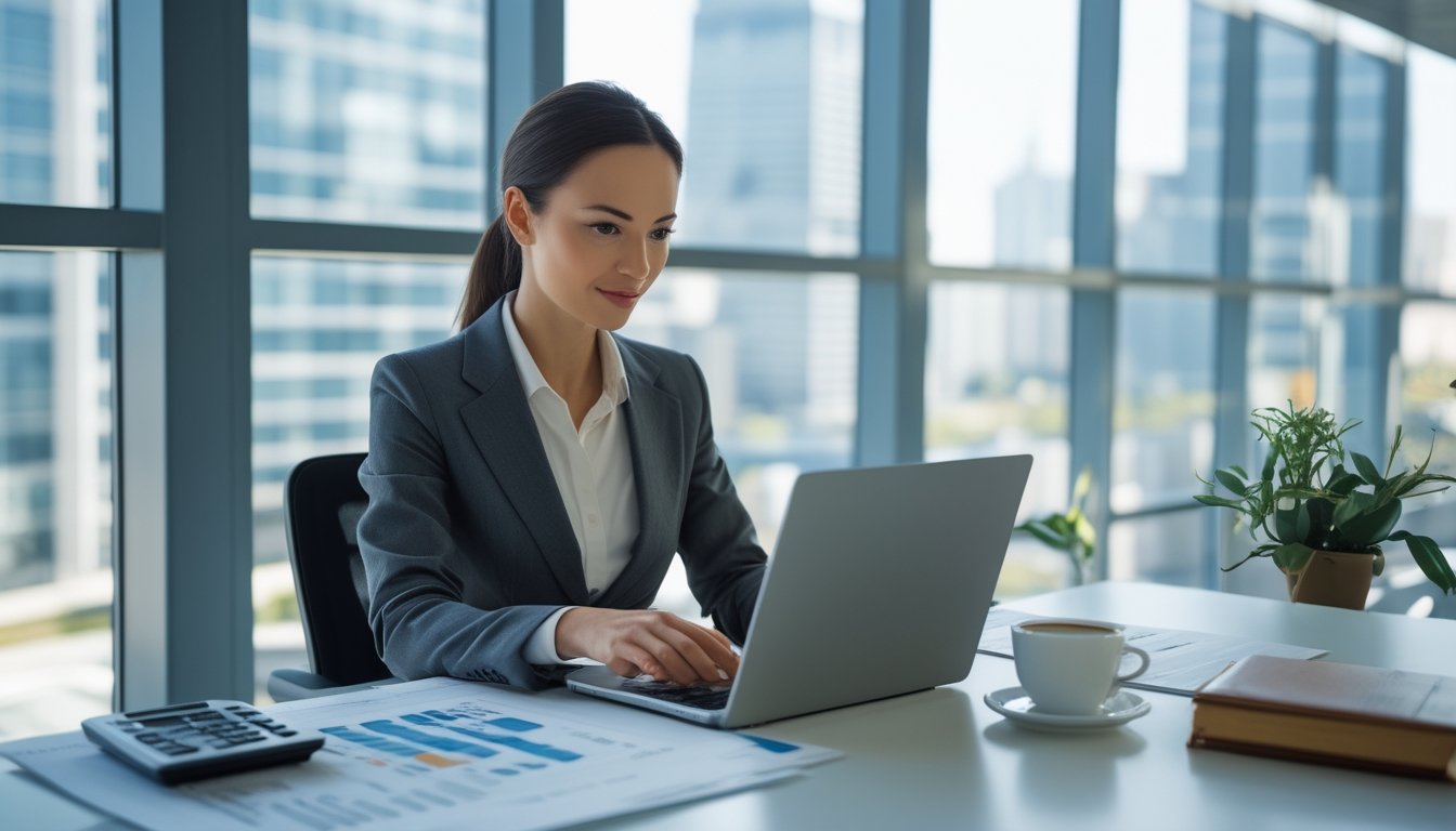 Seorang wanita profesional duduk di meja kantor modern, memeriksa dokumen dan menggunakan laptop dengan latar belakang pemandangan kota.