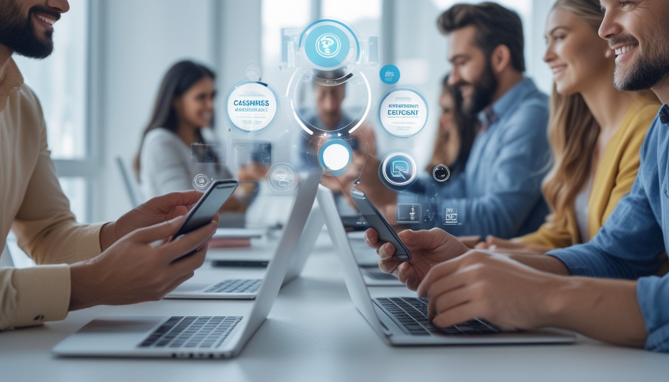 Orang-orang menggunakan smartphone dan laptop untuk melakukan transaksi online dalam suasana kantor atau rumah yang modern dan terang.