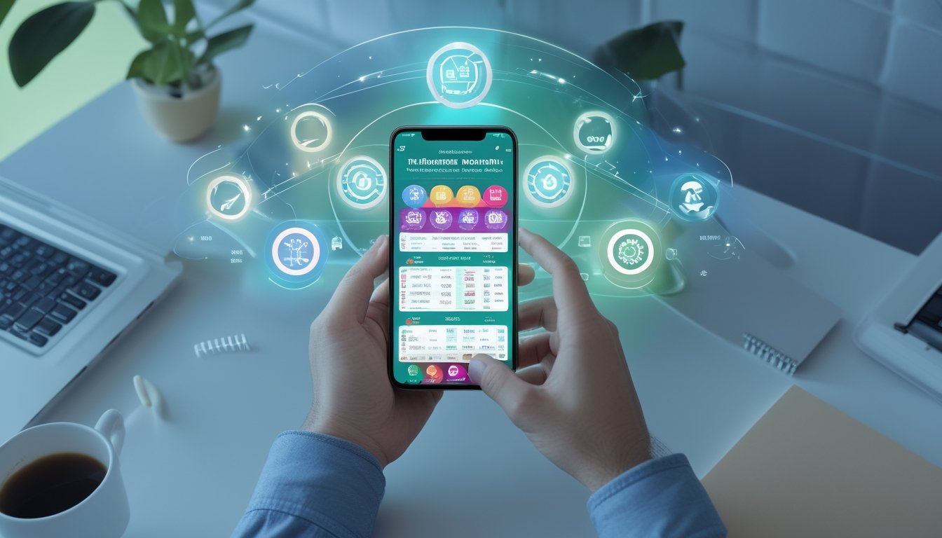 Seseorang menggunakan ponsel dengan aplikasi togel online di meja kerja yang bersih dan modern.