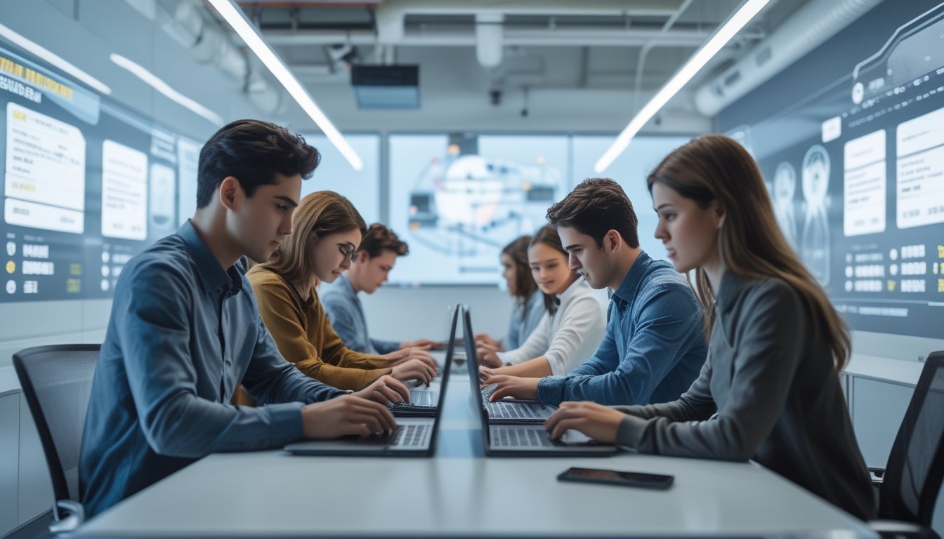 Beberapa orang muda sedang mendaftar akun secara online menggunakan laptop dan ponsel di sebuah ruang kantor modern.