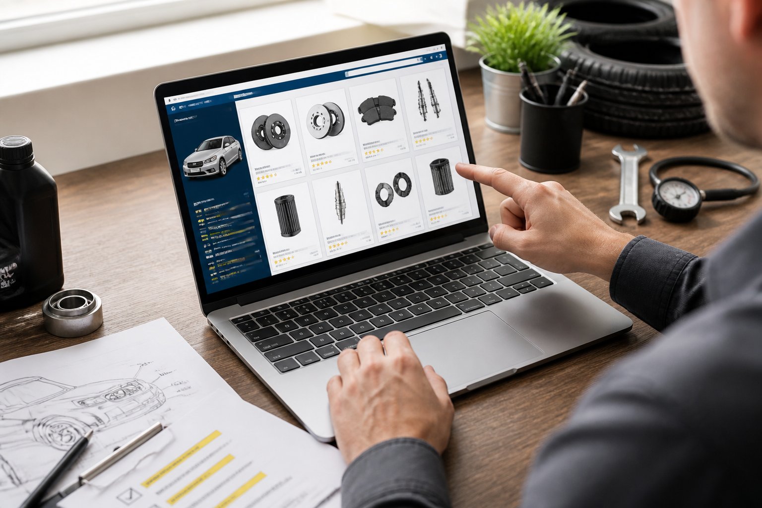 A person shopping for car parts online on a laptop with documents and tools on a desk.