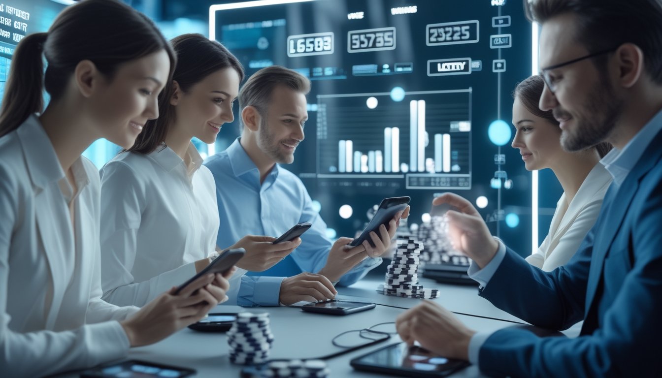 Orang-orang menggunakan perangkat digital di ruang modern untuk taruhan togel dengan suasana teknologi canggih dan elemen terkait hadiah besar.