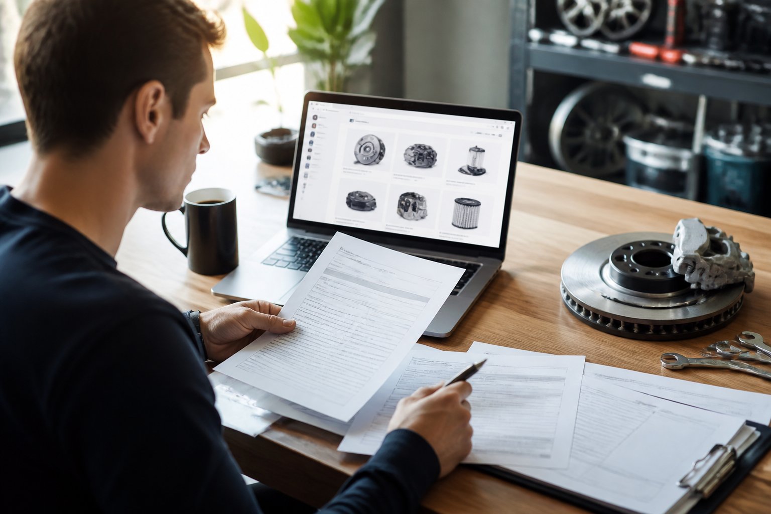 A person reviewing warranty and return policy documents for car parts at a desk with a laptop and automotive tools nearby.