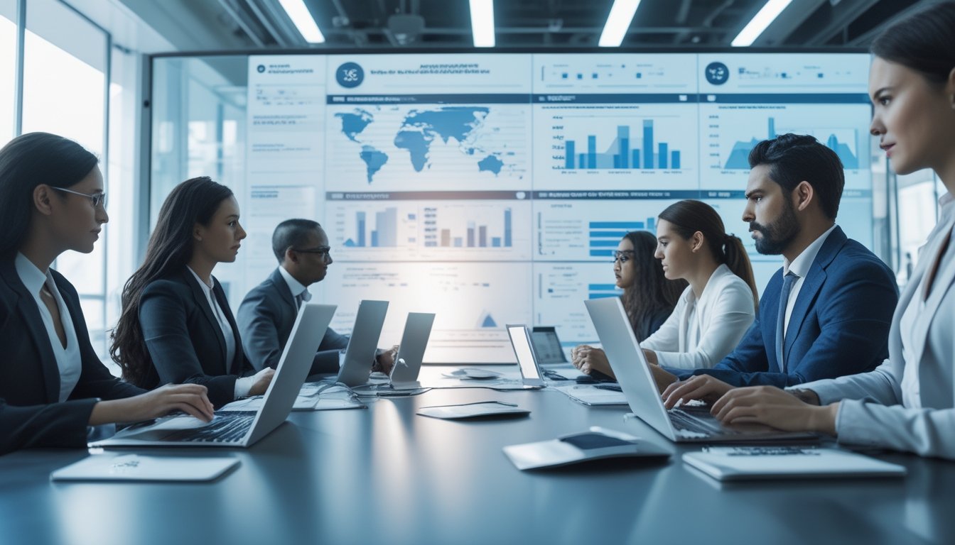 Sekelompok profesional sedang bekerja bersama di ruang kantor modern dengan perangkat digital dan layar yang menampilkan grafik dan data.