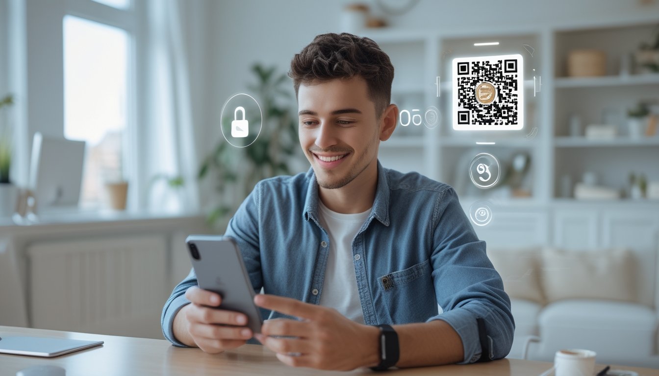 Seorang dewasa muda menggunakan ponsel pintar untuk melakukan transaksi deposit cepat dengan memindai kode QR di ruang tamu yang terang dan nyaman.