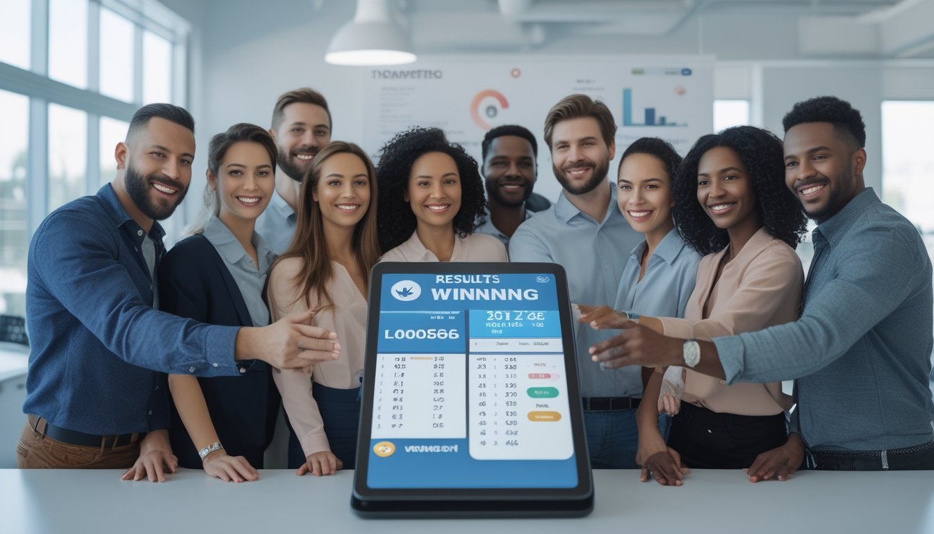 Sekelompok orang yang percaya diri berkumpul di sekitar perangkat digital yang menampilkan hasil lotre dan angka pemenang di sebuah kantor terang dengan jendela besar.