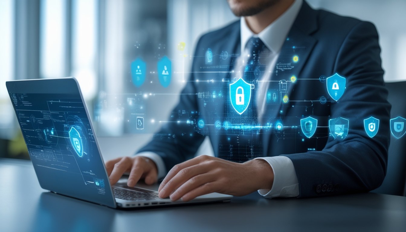 Seorang profesional menggunakan laptop di kantor modern dengan layar menampilkan data digital dan simbol keamanan jaringan.