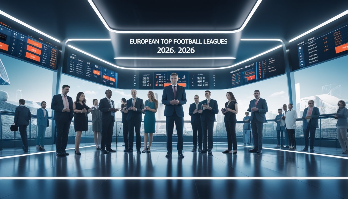 Sekelompok orang sedang menggunakan perangkat digital untuk memasang taruhan sepak bola dengan latar stadion sepak bola dan kota modern.