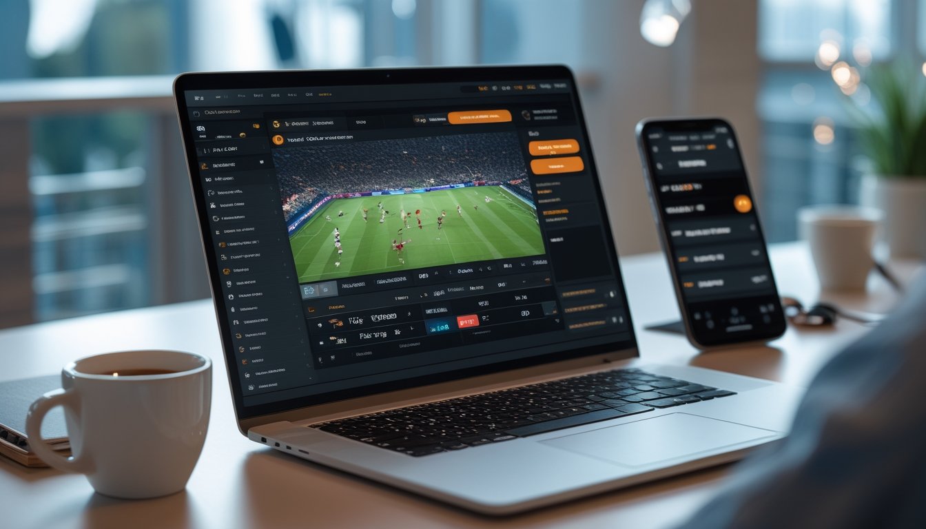 Seorang pengguna bekerja dengan laptop yang menampilkan siaran langsung pertandingan sepak bola, di meja terdapat ponsel dengan aplikasi taruhan dan alat tulis.