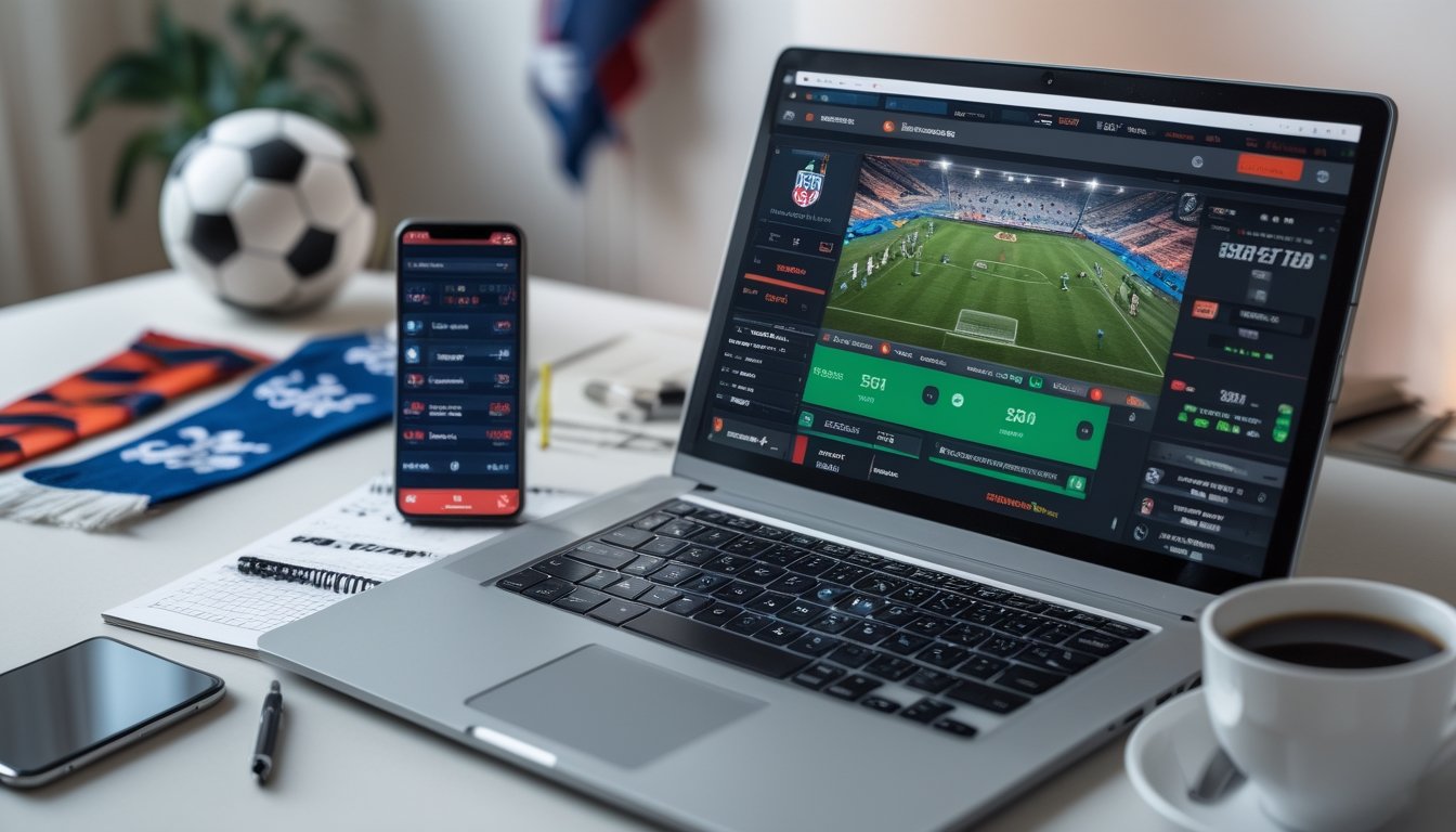 Seorang pengguna bekerja di depan laptop yang menampilkan pertandingan sepak bola langsung, dengan ponsel dan catatan di meja, suasana ruangan yang mendukung aktivitas taruhan bola online.