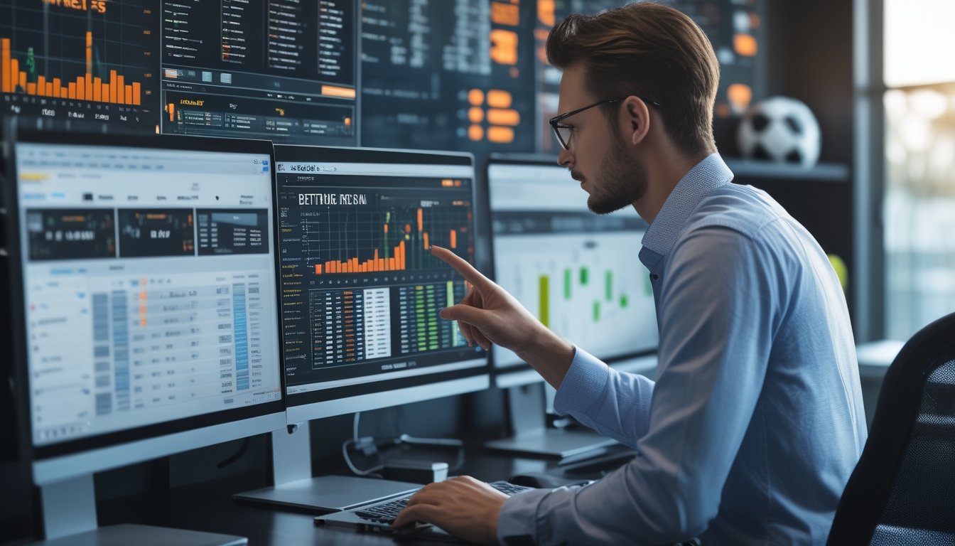 Seorang pria duduk di depan meja dengan beberapa layar komputer yang menampilkan data taruhan sepak bola dan grafik handicap.