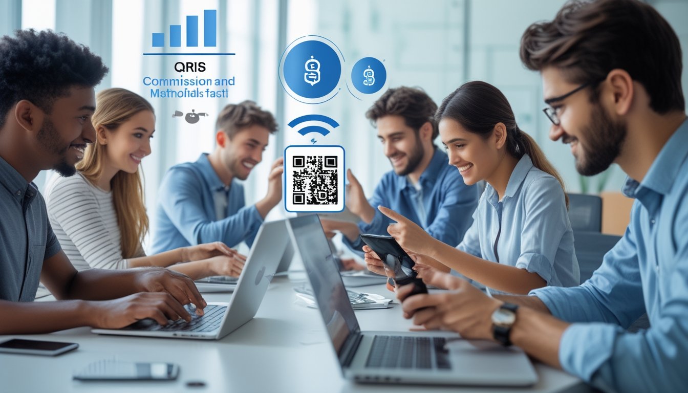 Sekelompok orang muda menggunakan ponsel dan laptop di kantor modern dengan layar menampilkan kode QR, menggambarkan proses pembayaran digital yang cepat dan aman.