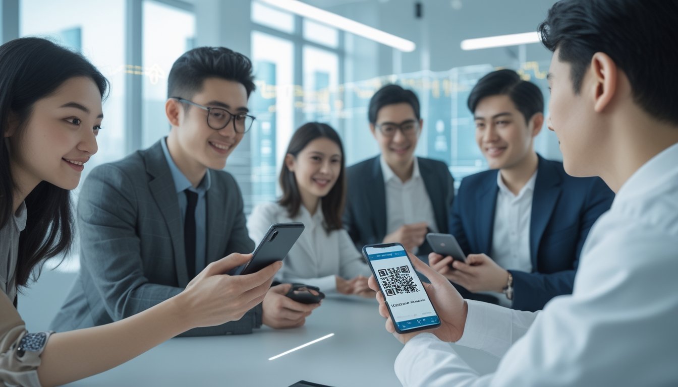 Beberapa orang muda menggunakan ponsel untuk melakukan pembayaran digital dengan kode QR di lingkungan modern yang terang.