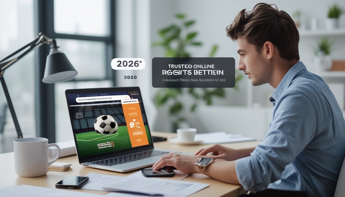 Seorang dewasa muda sedang menggunakan laptop di kantor modern untuk mendaftar akun pada platform taruhan bola terpercaya, dengan suasana kerja yang rapi dan terang.