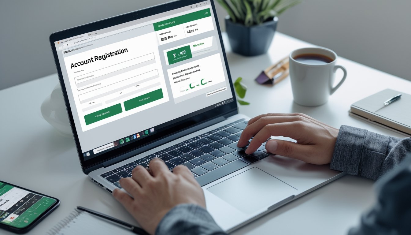 Sebuah ruang kerja modern dengan laptop yang menampilkan formulir pendaftaran, tangan siap mengetik, dan elemen terkait taruhan olahraga di sekitar.