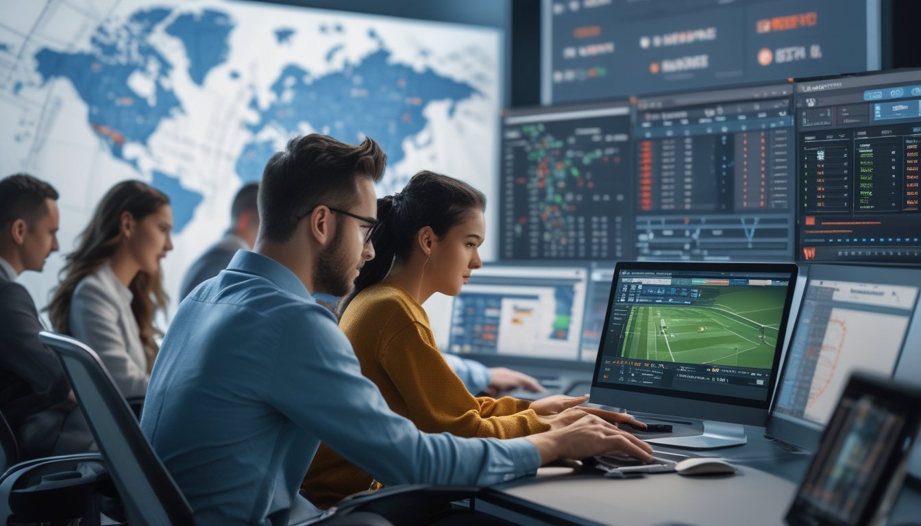 Orang-orang sedang menggunakan komputer dan ponsel untuk memasang taruhan bola dengan layar menampilkan pertandingan sepak bola dan data statistik.