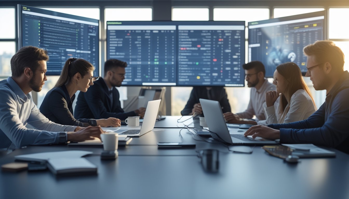 Orang-orang sedang bekerja di kantor dengan komputer yang menampilkan statistik sepak bola dan peluang taruhan.