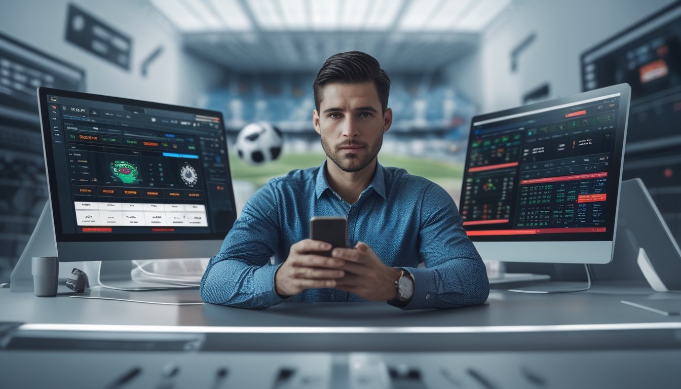 Seorang pria duduk di meja dengan beberapa layar komputer yang menampilkan pertandingan sepak bola dan data taruhan, sedang menganalisis informasi dengan serius.