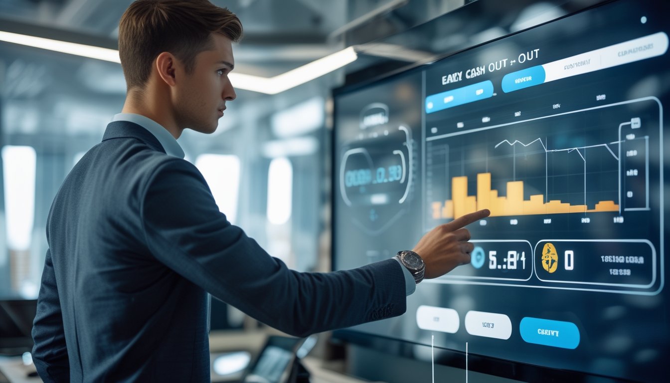 Seorang pria muda menggunakan layar sentuh digital dengan grafik dan opsi taruhan, di kantor modern dengan elemen olahraga di latar belakang.