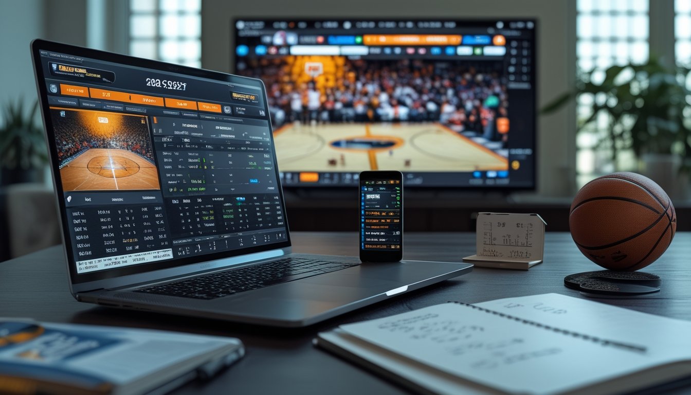 Meja kerja dengan laptop, ponsel, dan catatan yang menampilkan analisis taruhan handicap NBA, dengan televisi menayangkan pertandingan basket di latar belakang.