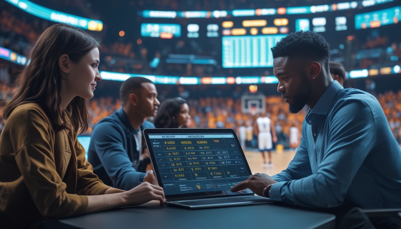 Orang-orang sedang menganalisis data taruhan judi basket NBA dengan latar belakang pertandingan basket di arena yang ramai.