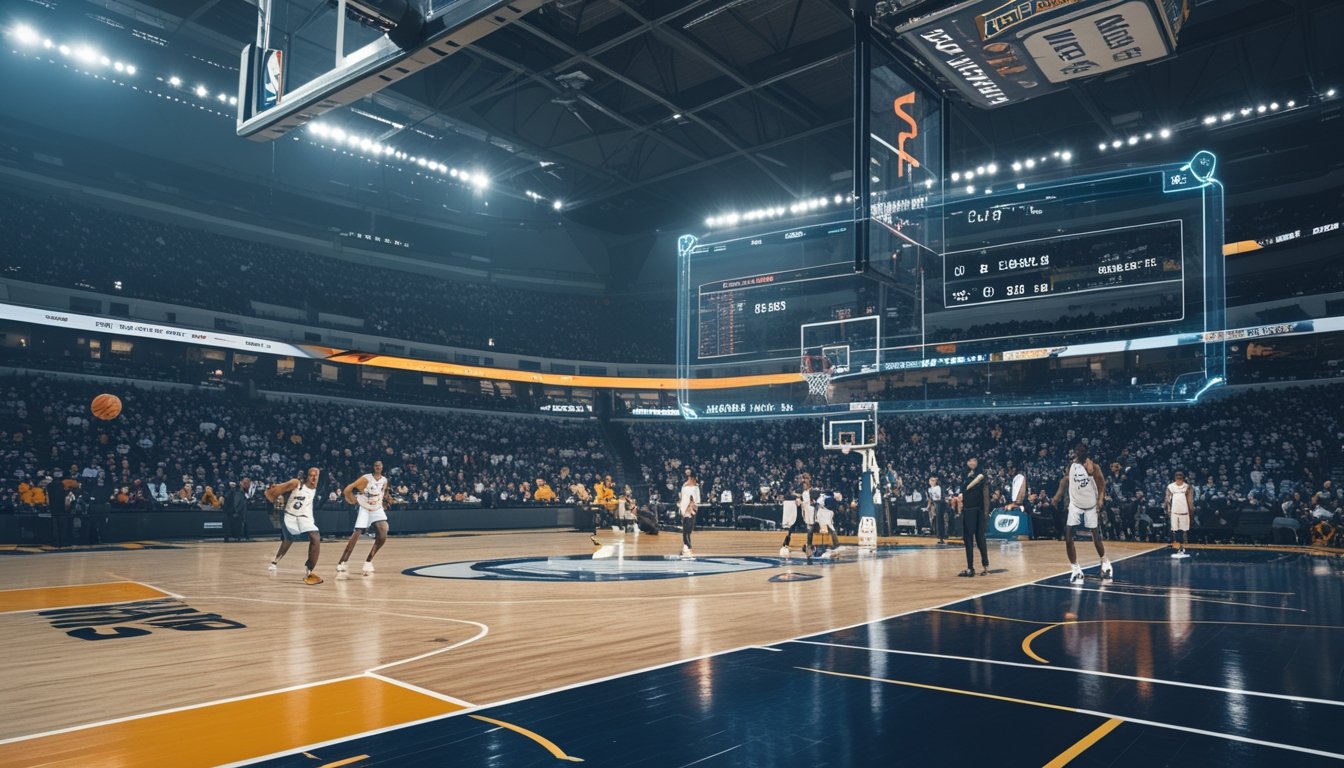 Lapangan basket dengan pemain yang sedang bermain dan penonton di tribun, menampilkan suasana pertandingan yang intens dan penuh semangat.
