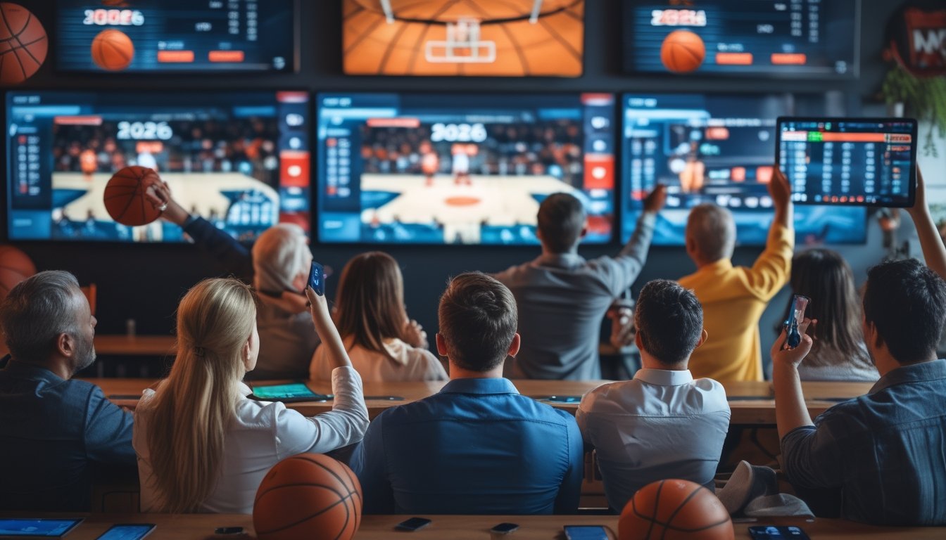 Sekelompok orang menonton pertandingan bola basket secara langsung sambil menggunakan perangkat untuk bertaruh secara live.