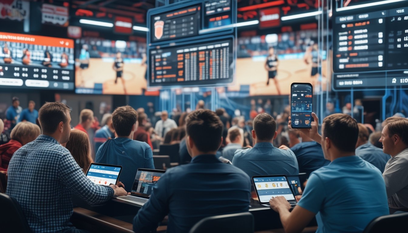 Orang-orang sedang menonton pertandingan basket langsung dan memasang taruhan di sebuah ruang taruhan modern dengan layar besar menampilkan pertandingan dan data taruhan.