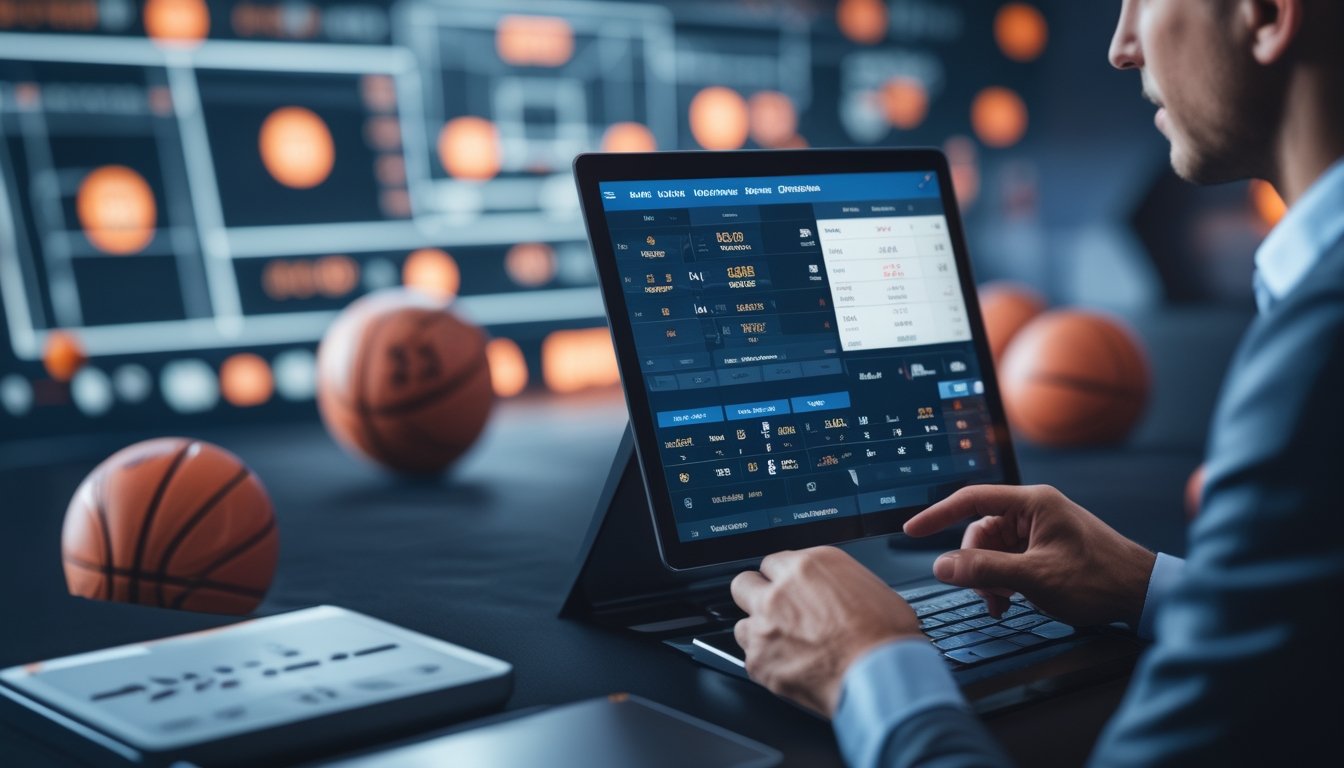 Seorang pria berpakaian rapi menggunakan perangkat layar sentuh di lingkungan taruhan olahraga dengan layar yang menampilkan statistik bola basket.