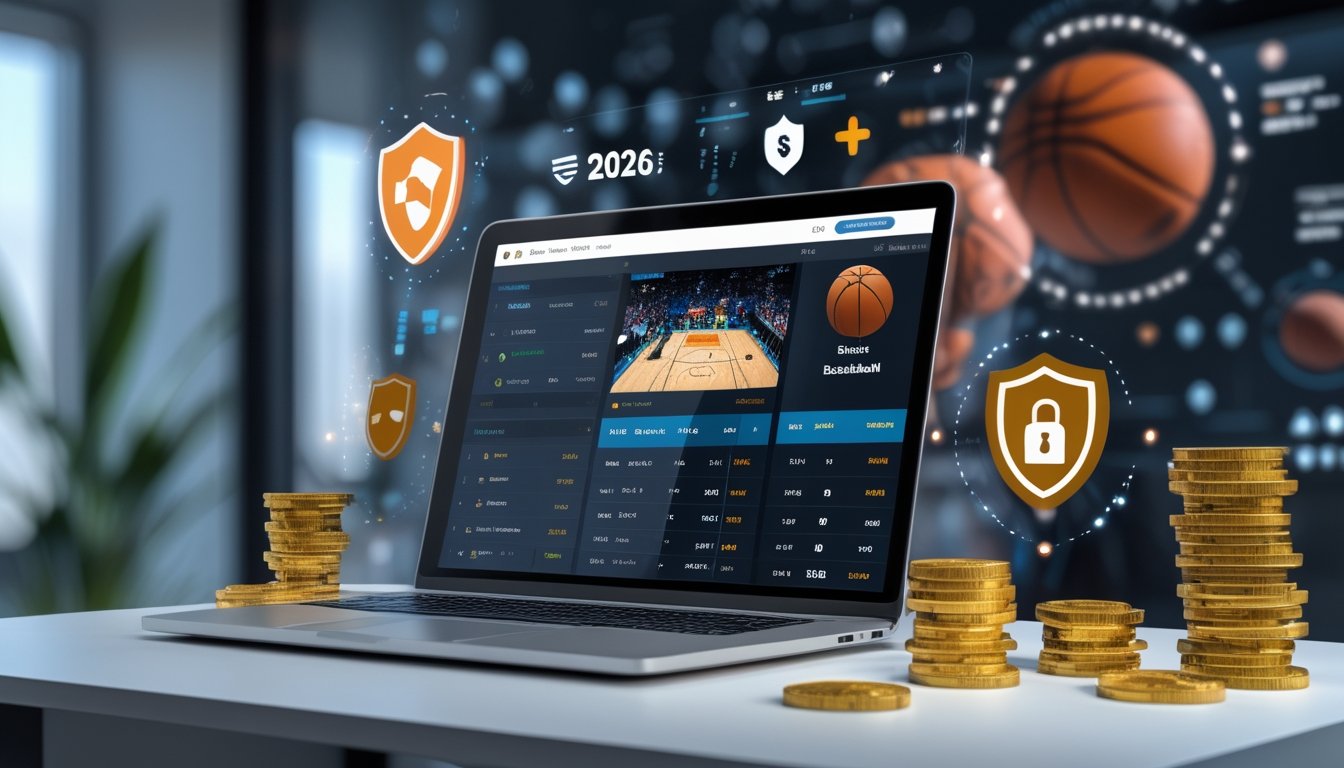 Seorang pengguna di depan laptop yang menampilkan pertandingan bola basket dan informasi taruhan, dengan simbol keamanan dan uang di sekitar.