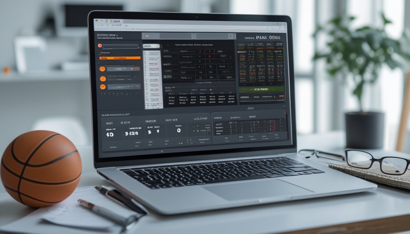 Meja kerja dengan laptop menampilkan grafik prediksi taruhan basket, bola basket, dan alat tulis di ruangan kantor yang terang.